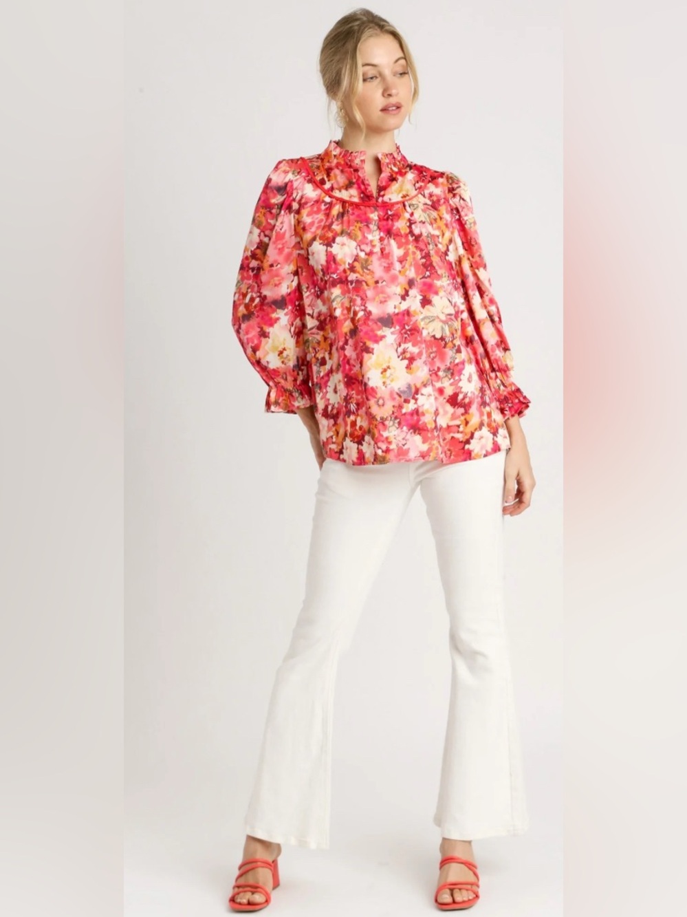 Umgee Floral Button-Front Long Sleeve Blouse Size L NWT Pink Red Multi - Picture 2 of 8